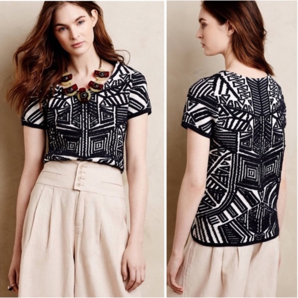 Anthropologie Moth Dahlia Jaquard Navy Knit Top